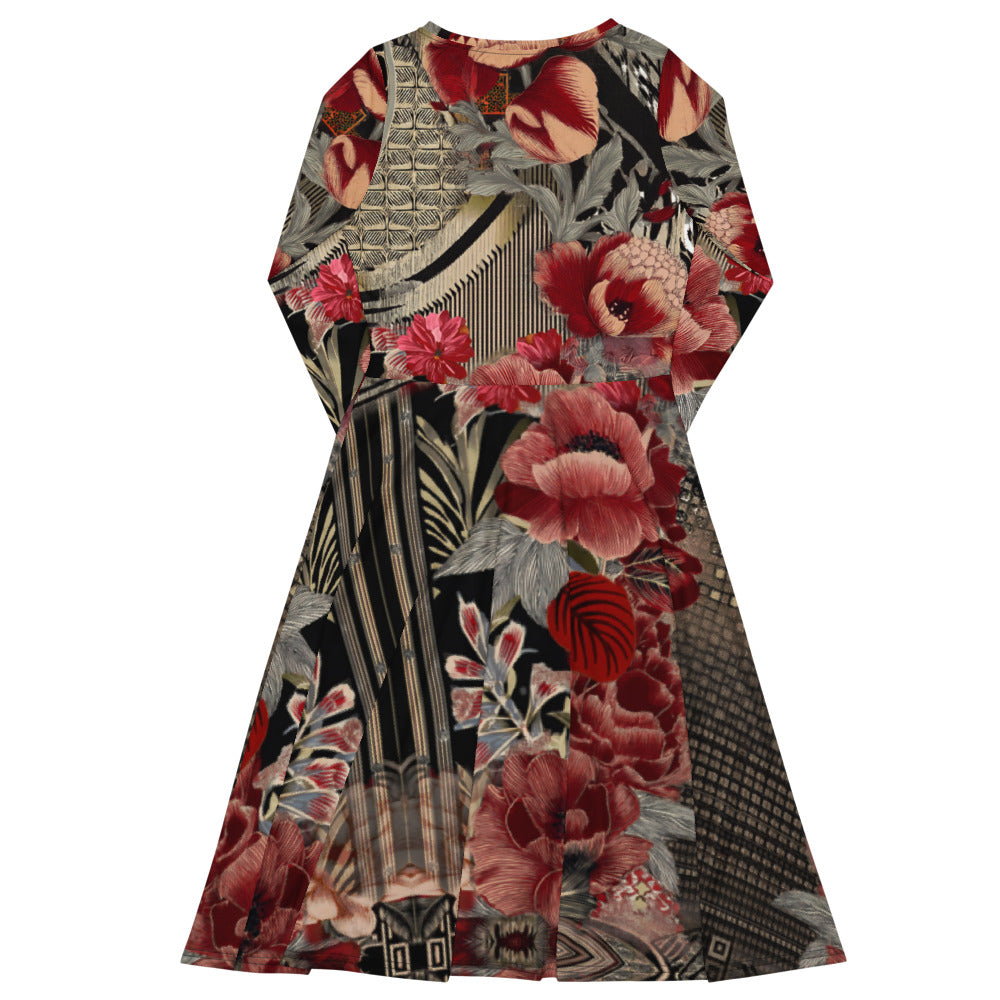 All-over print long sleeve midi dress 216