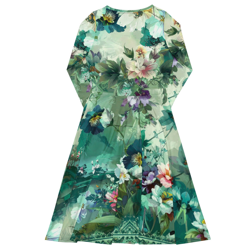 All-over print long sleeve midi dress 128B