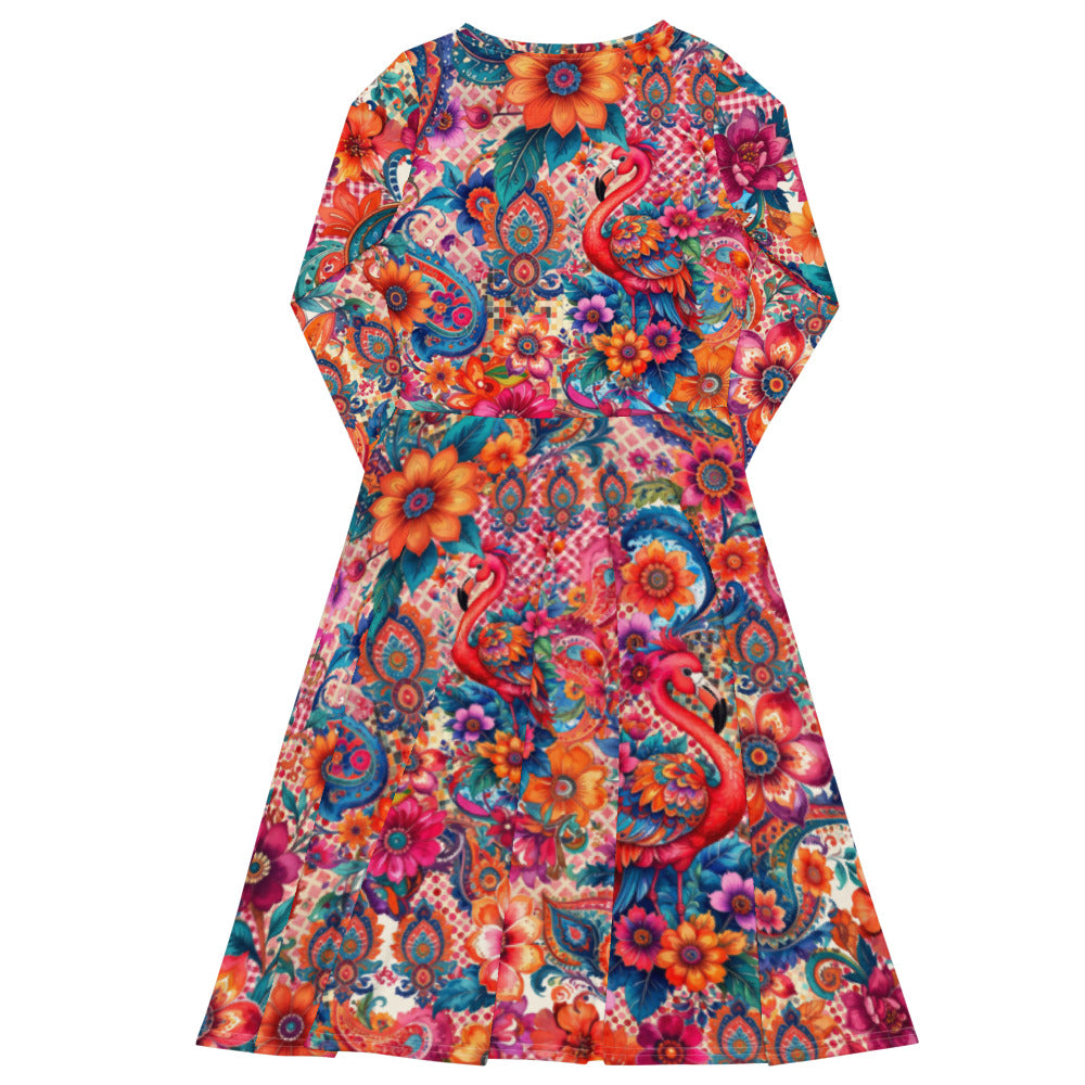 All-over print long sleeve midi dress 238B2