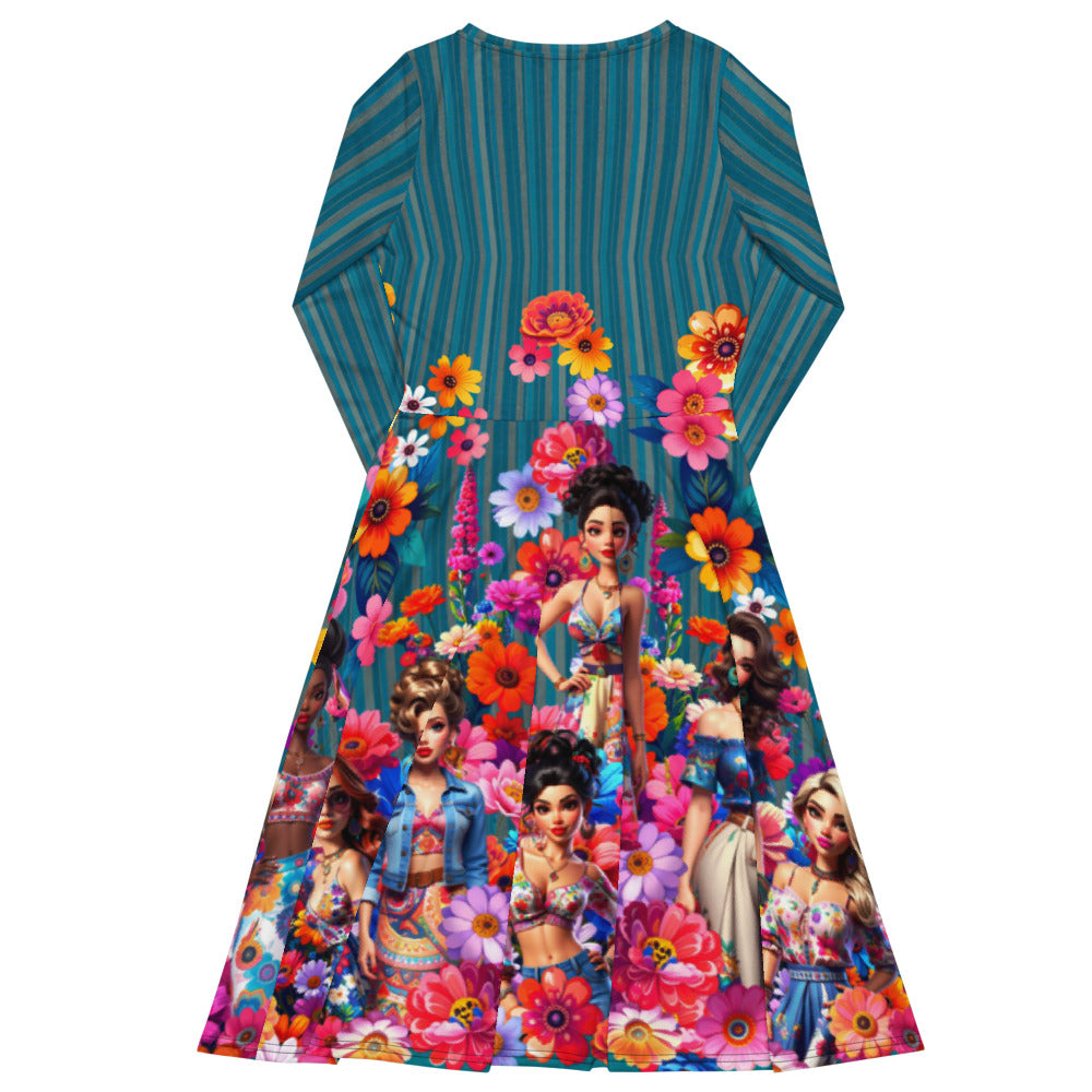 All-over print long sleeve midi dress 243C2b