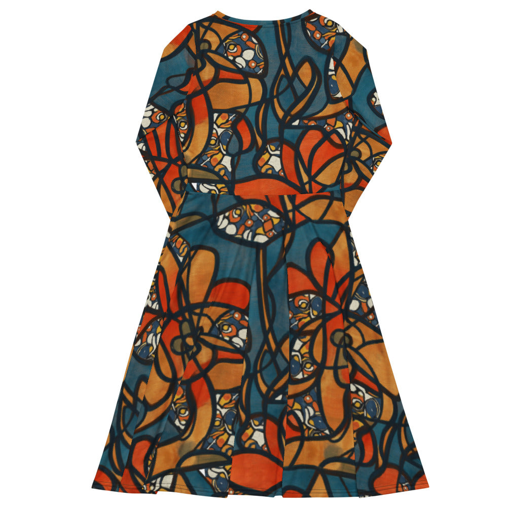 All-over print long sleeve midi dress 261B