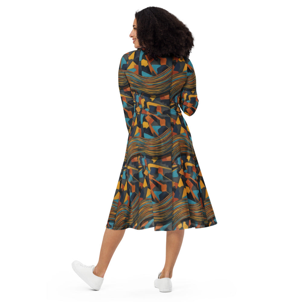 All-over print long sleeve midi dress 277