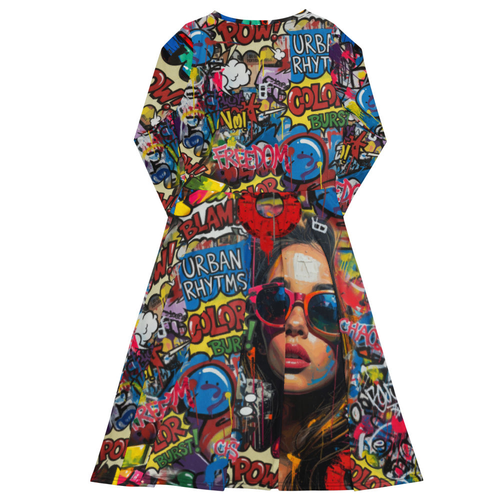 All-over print long sleeve midi dress 279