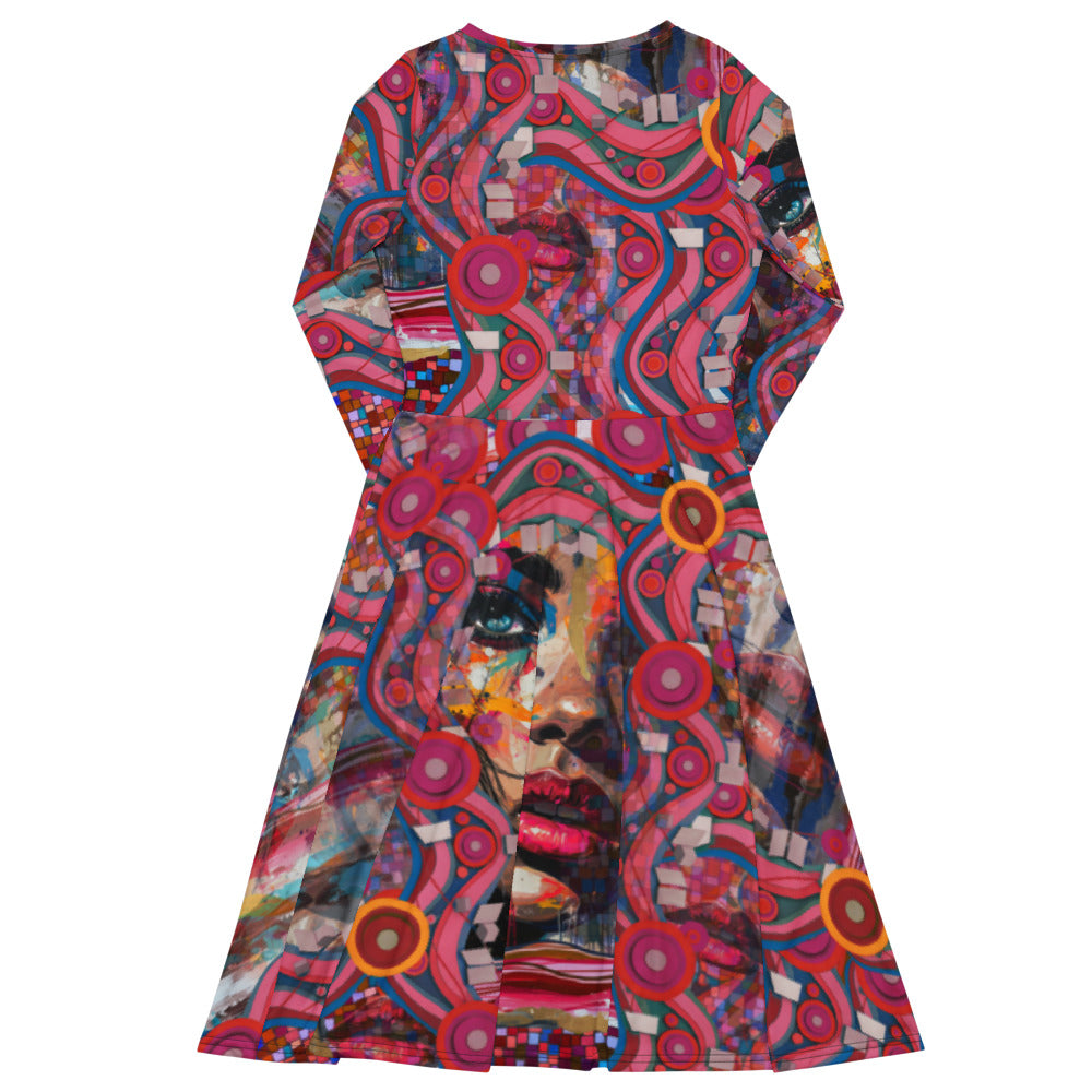 All-over print long sleeve midi dress 288B2