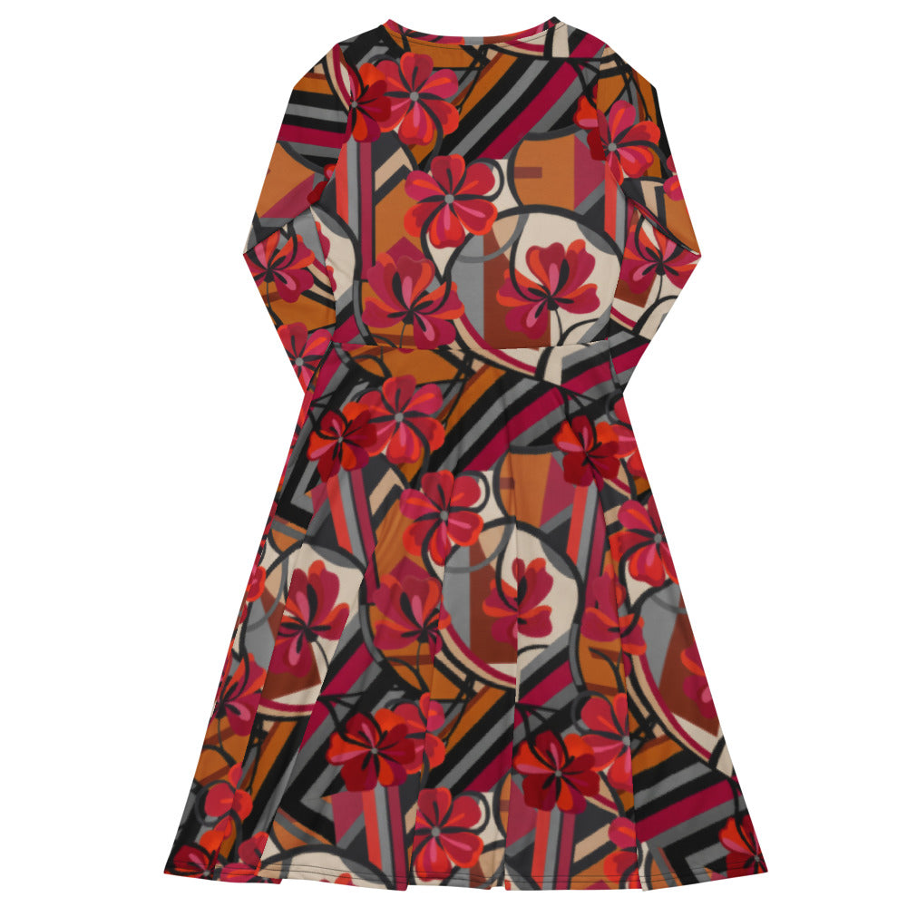 All-over print long sleeve midi dress 300