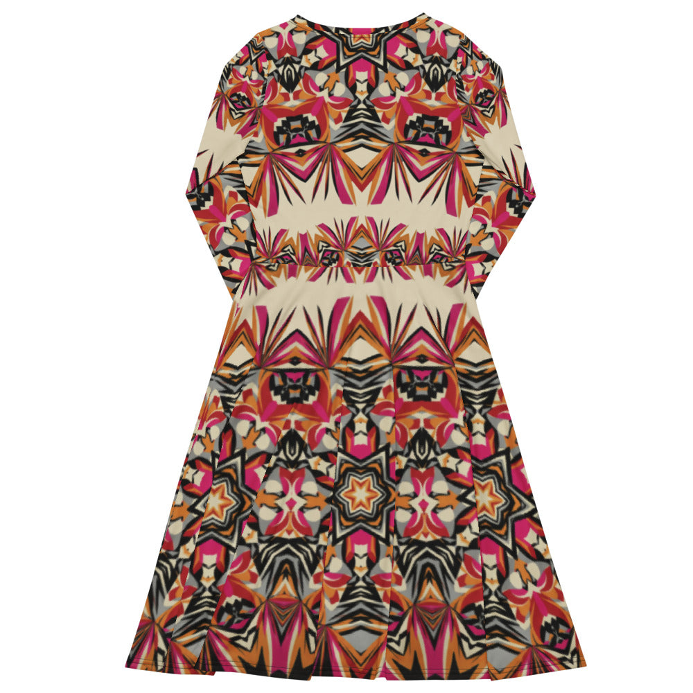 All-over print long sleeve midi dress 301Bkl1