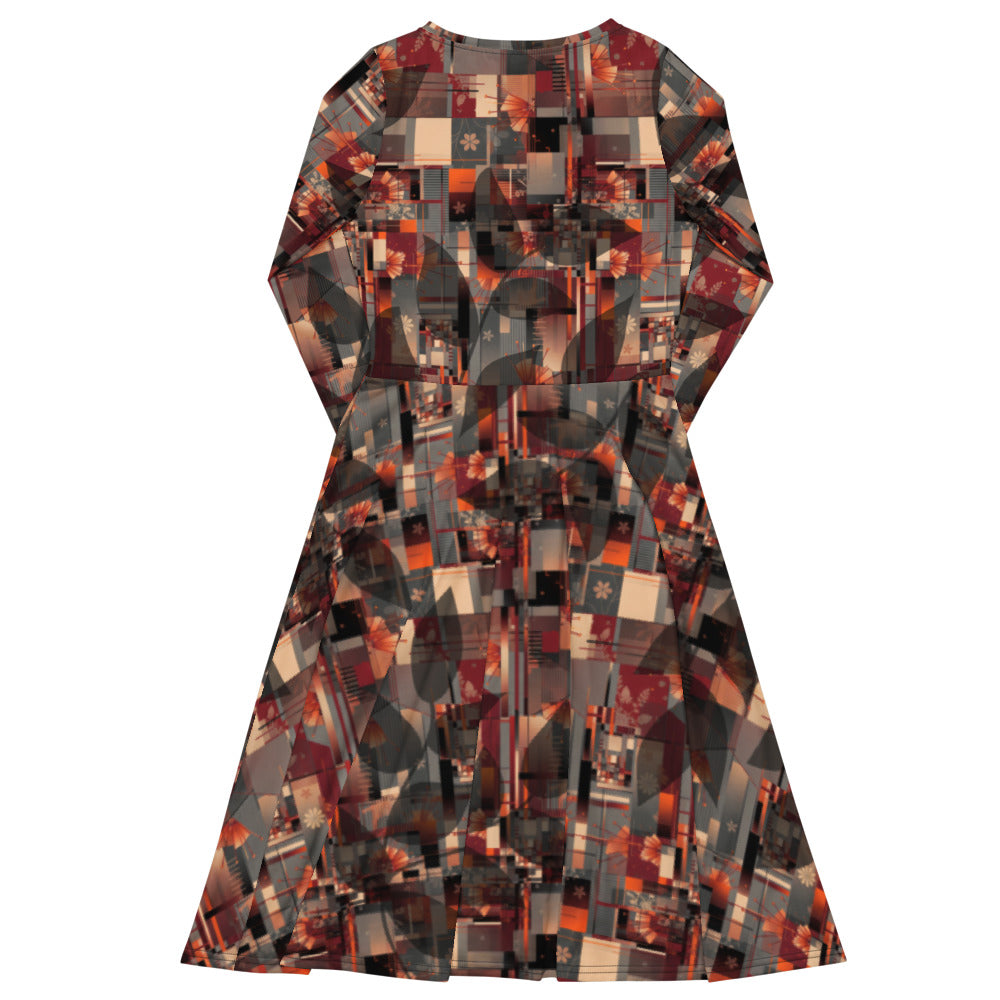 All-over print long sleeve midi dress 305B