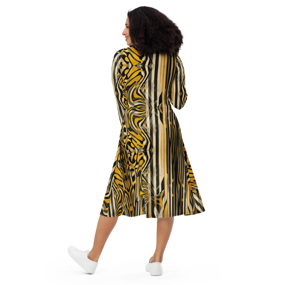All-over print long sleeve midi dress 83i