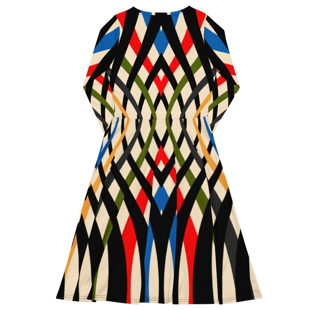 All-over print long sleeve midi dress 119B2