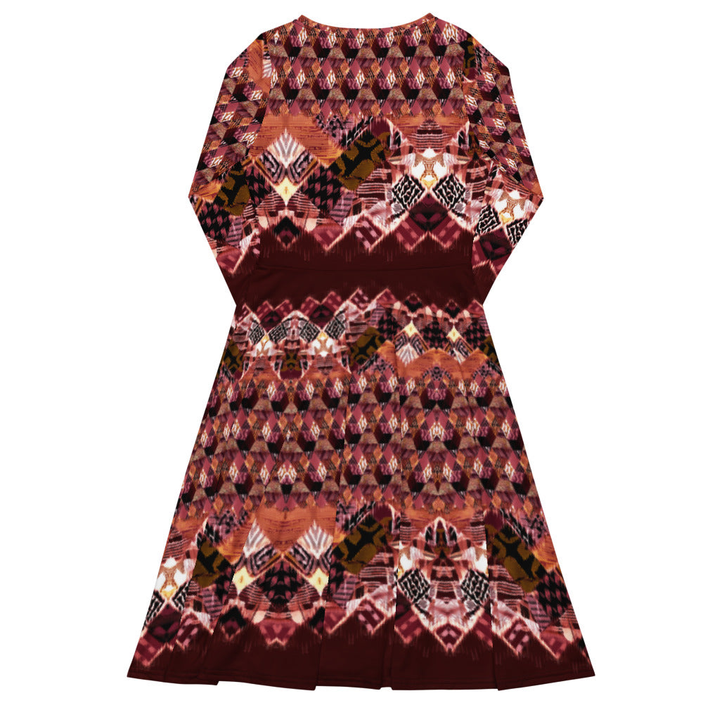 All-over print long sleeve midi dress 308B