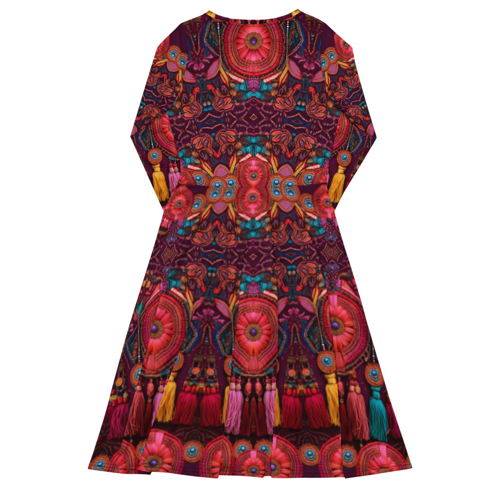 All-over print long sleeve midi dress 311B