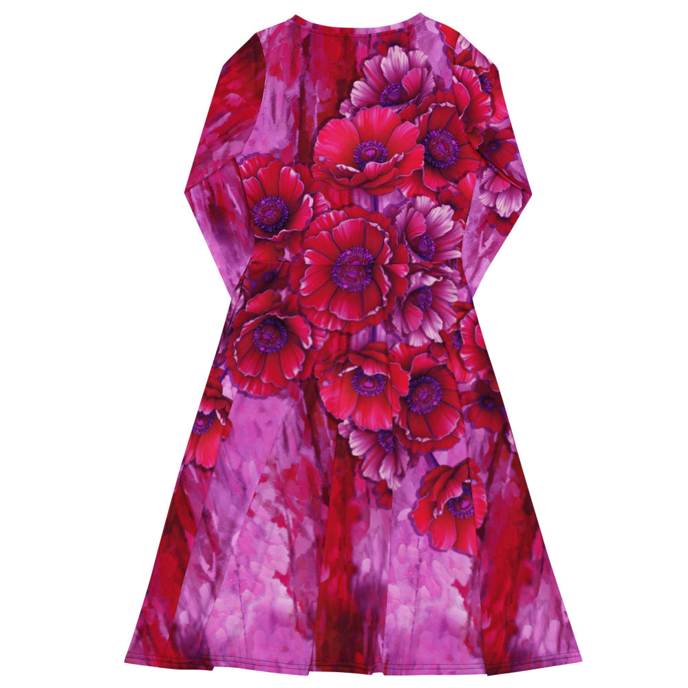 All-over print long sleeve midi dress 317Fkl3