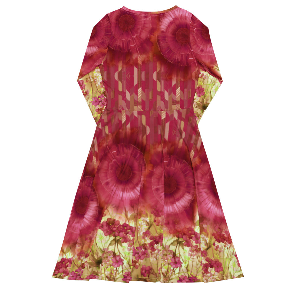 All-over print long sleeve midi dress 321Bkl5