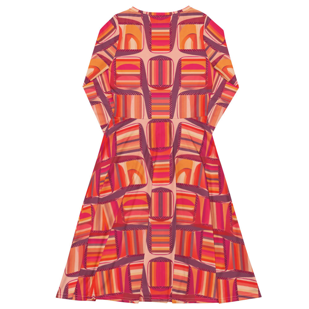 All-over print long sleeve midi dress 325Bkl2