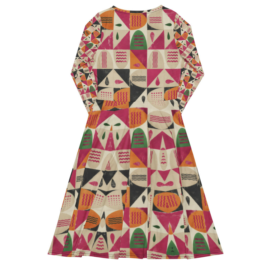 All-over print long sleeve midi dress 343Bkl1