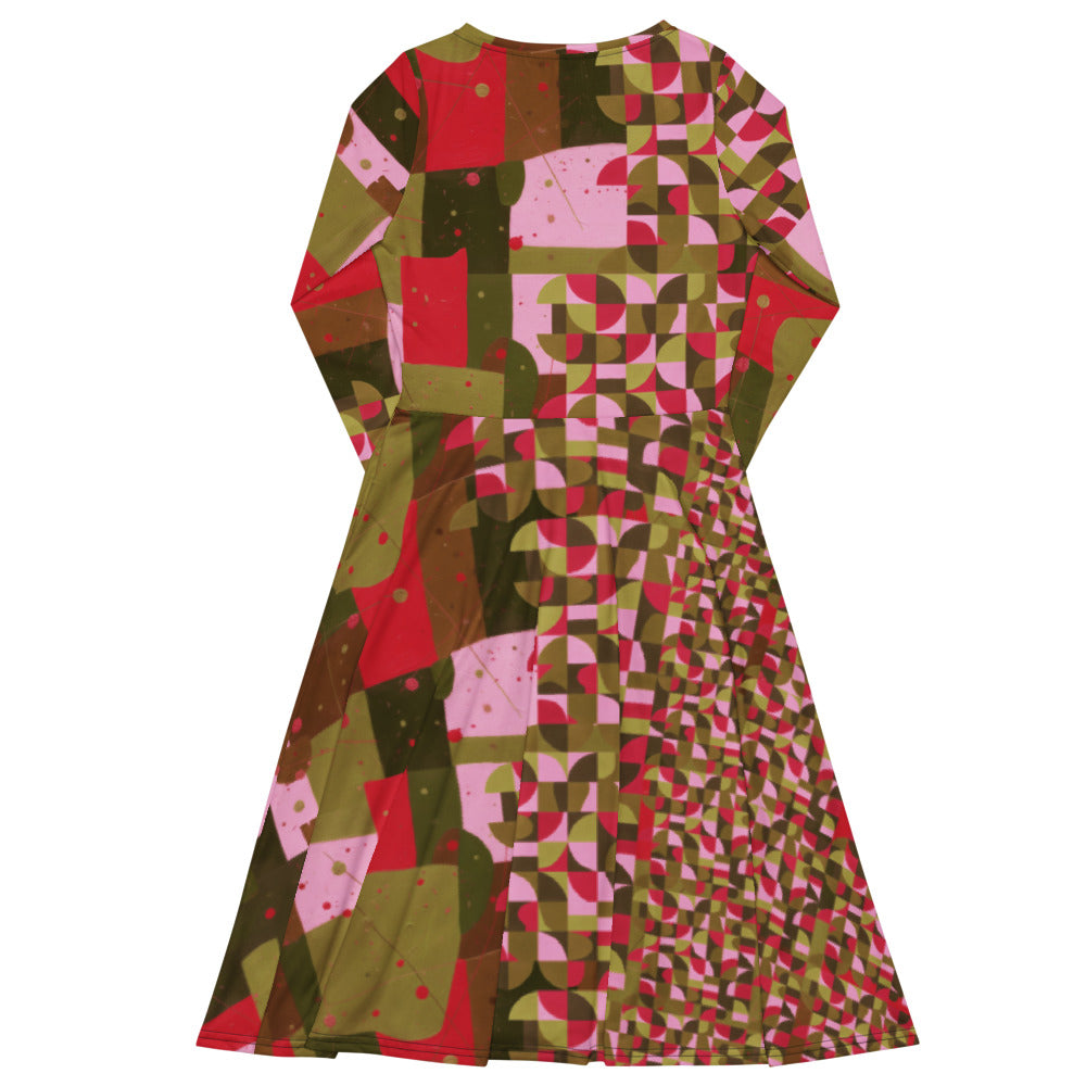 All-over print long sleeve midi dress 347Bkl4