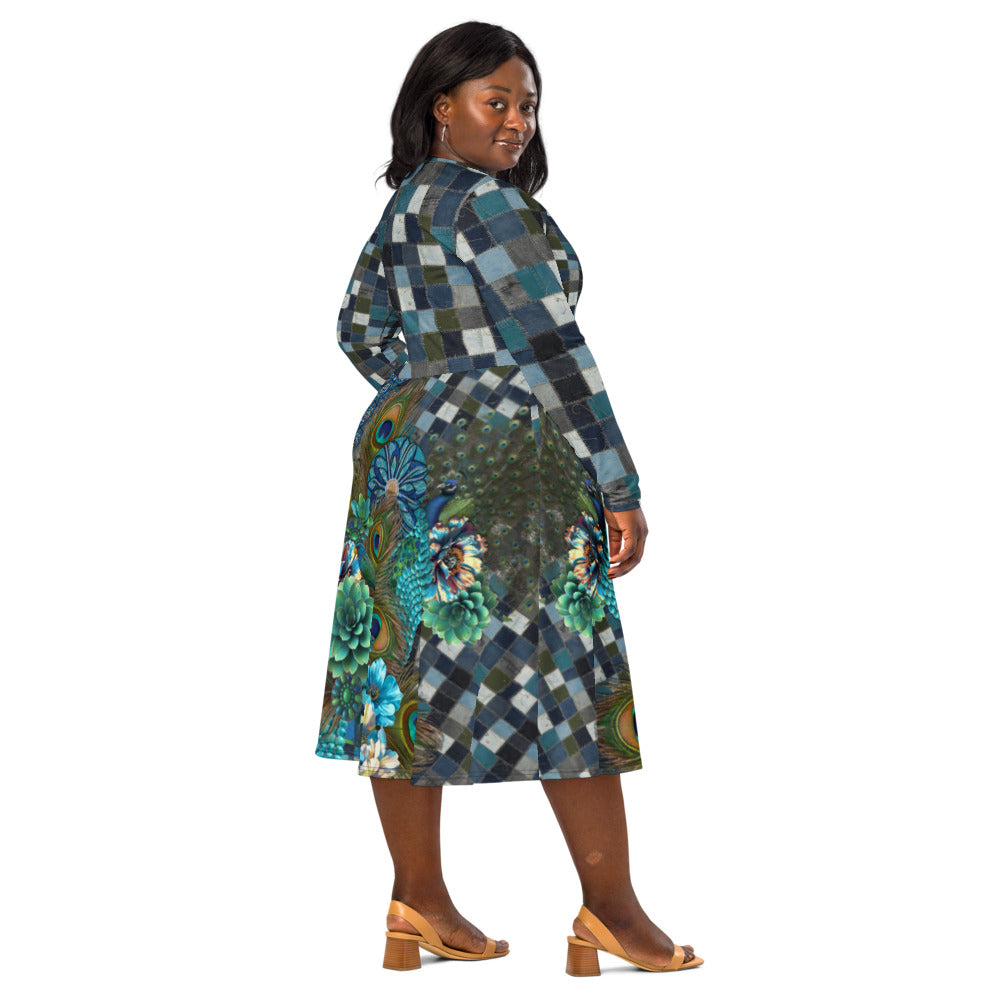 All-over print long sleeve midi dress 284D
