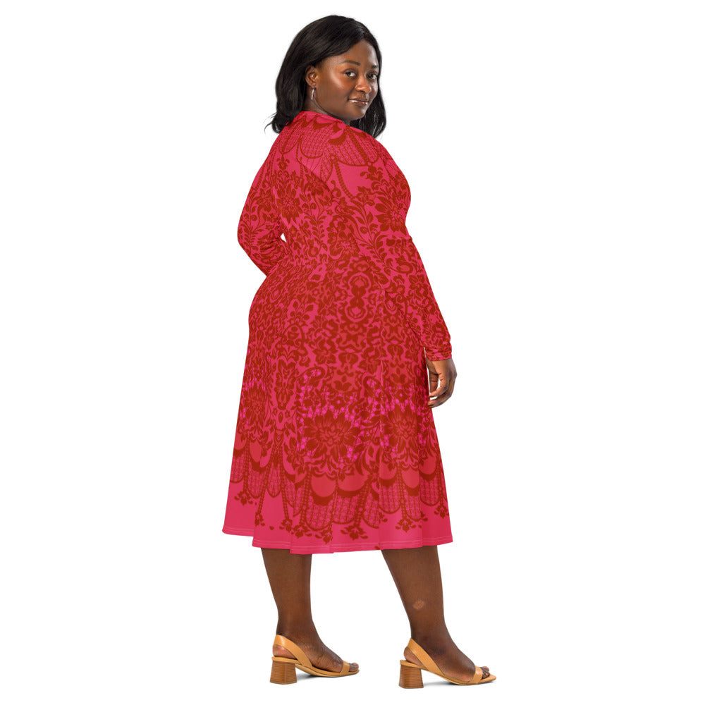 All-over print long sleeve midi dress 358Bkl5
