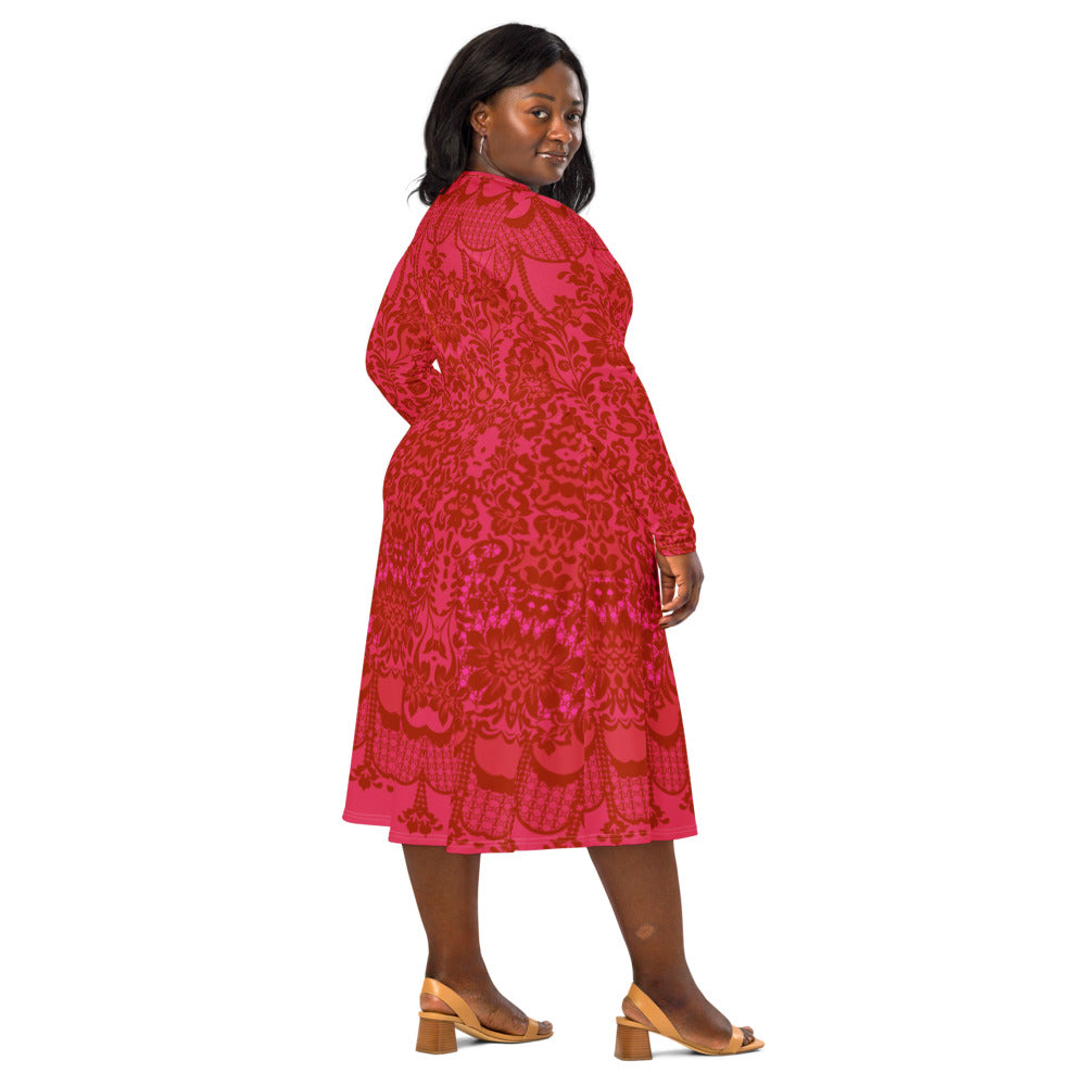 All-over print long sleeve midi dress 358Bkl5