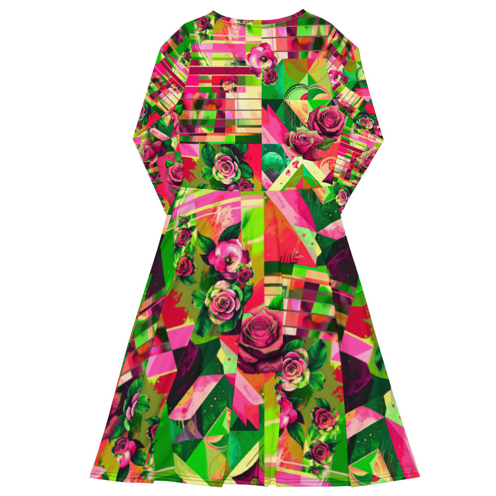 All-over print long sleeve midi dress 363C