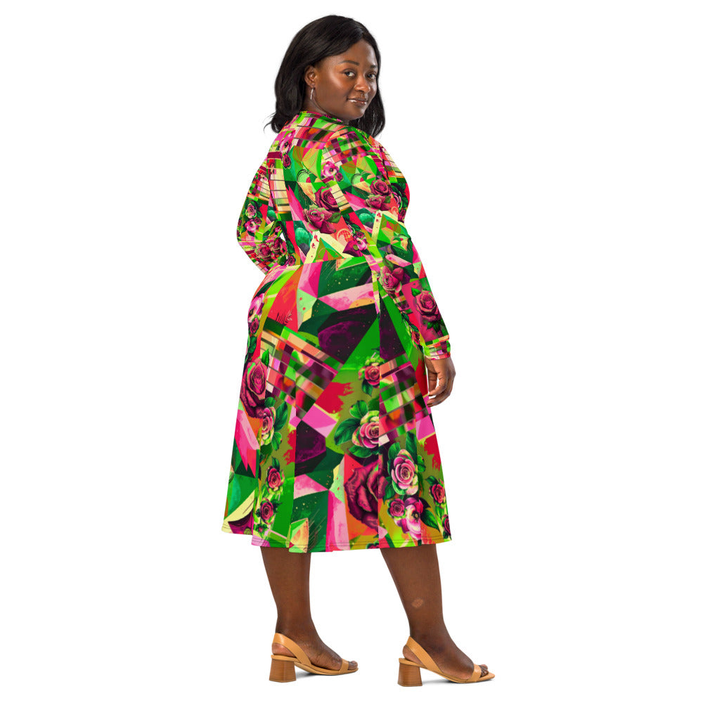 All-over print long sleeve midi dress 363C