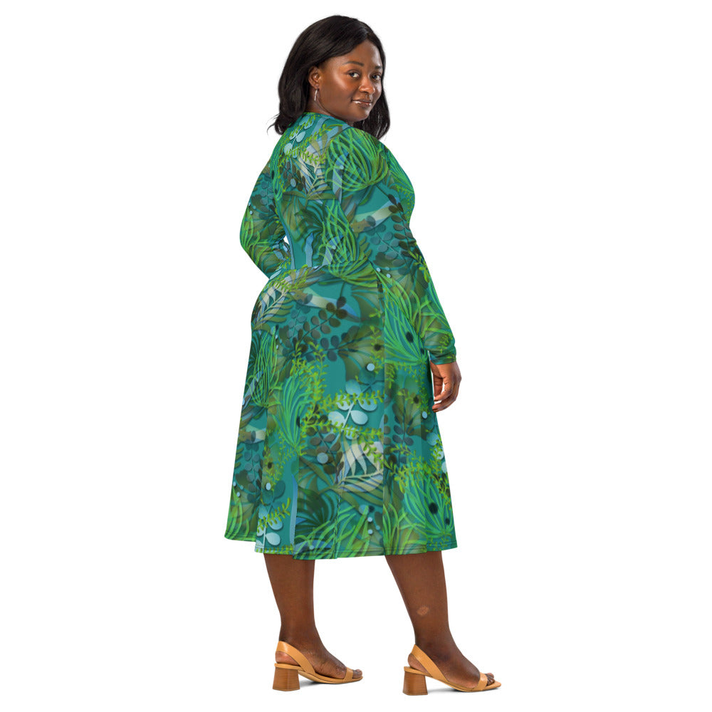 All-over print long sleeve midi dress 366Bkl1