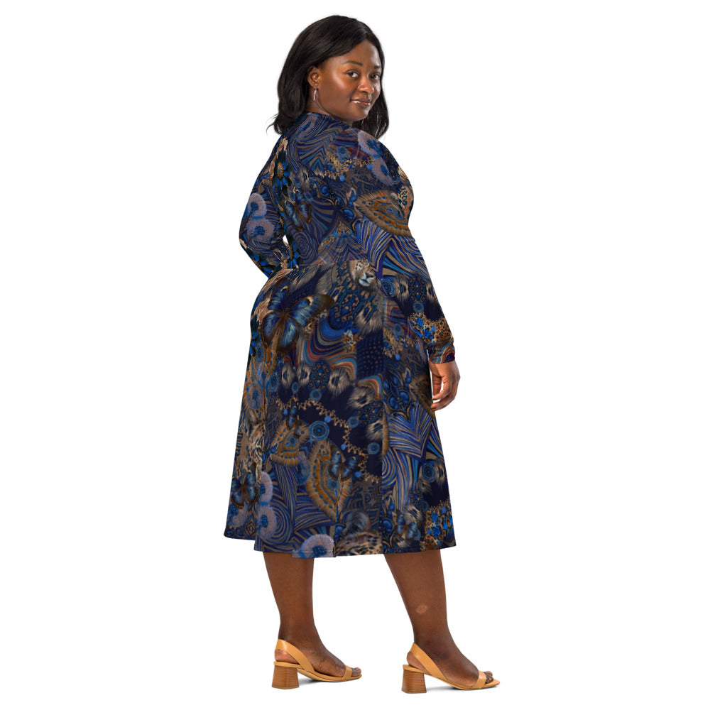 All-over print long sleeve midi dress 156D3C