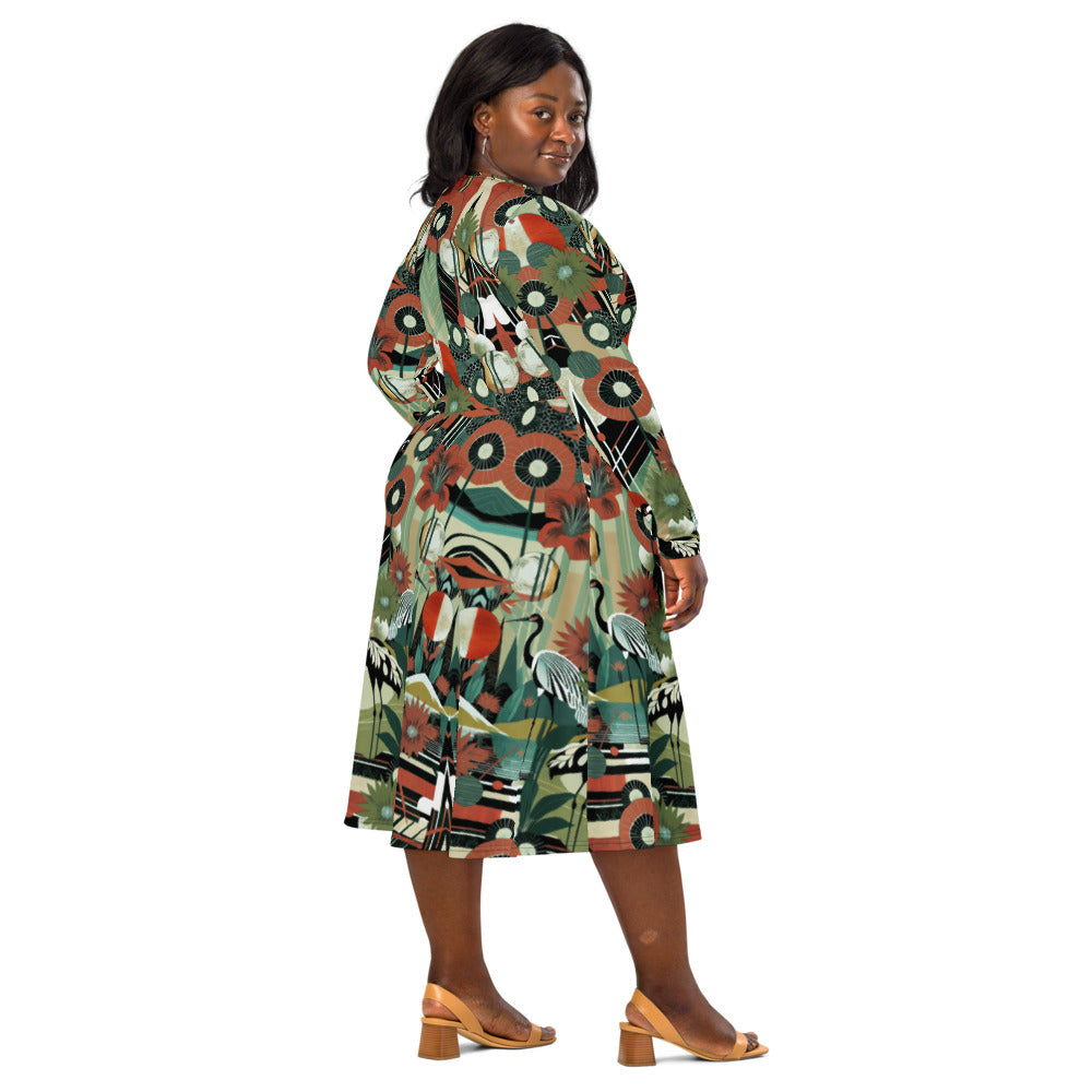 All-over print long sleeve midi dress 45oudCkl4