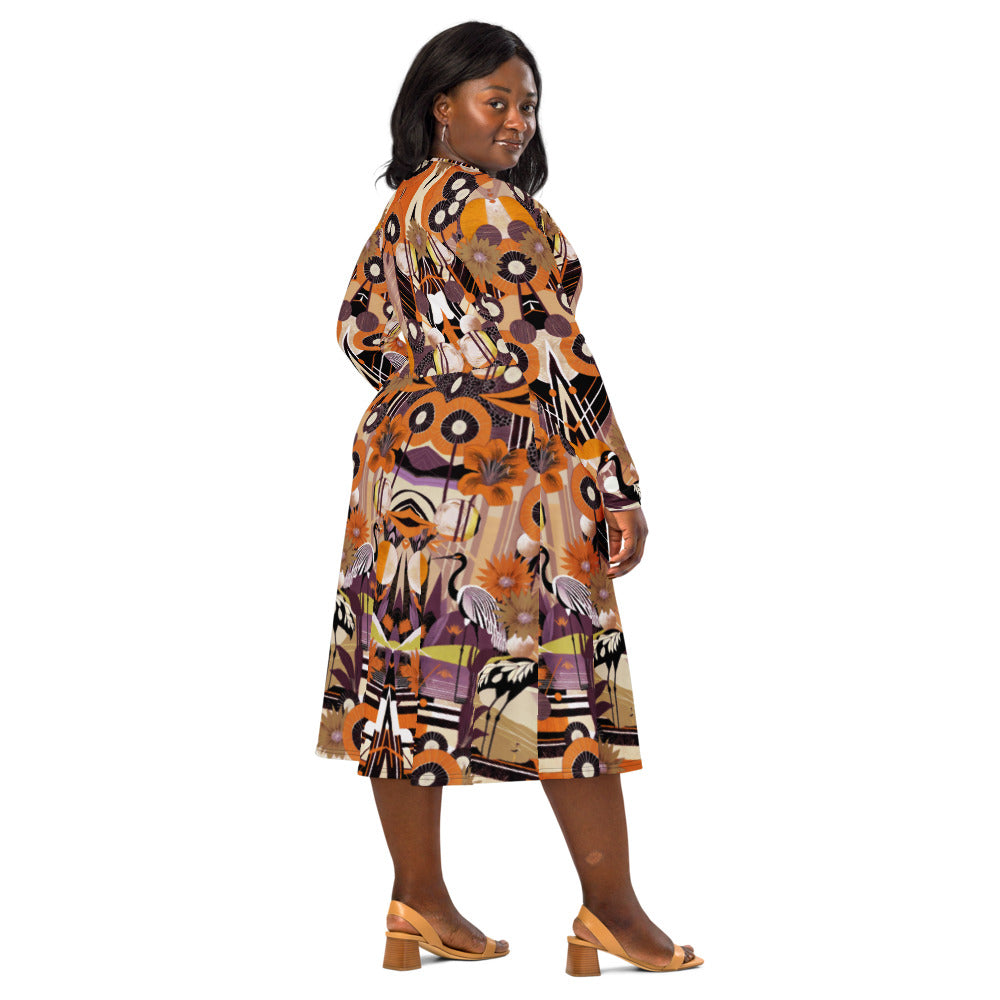 All-over print long sleeve midi dress 45oudCkl2
