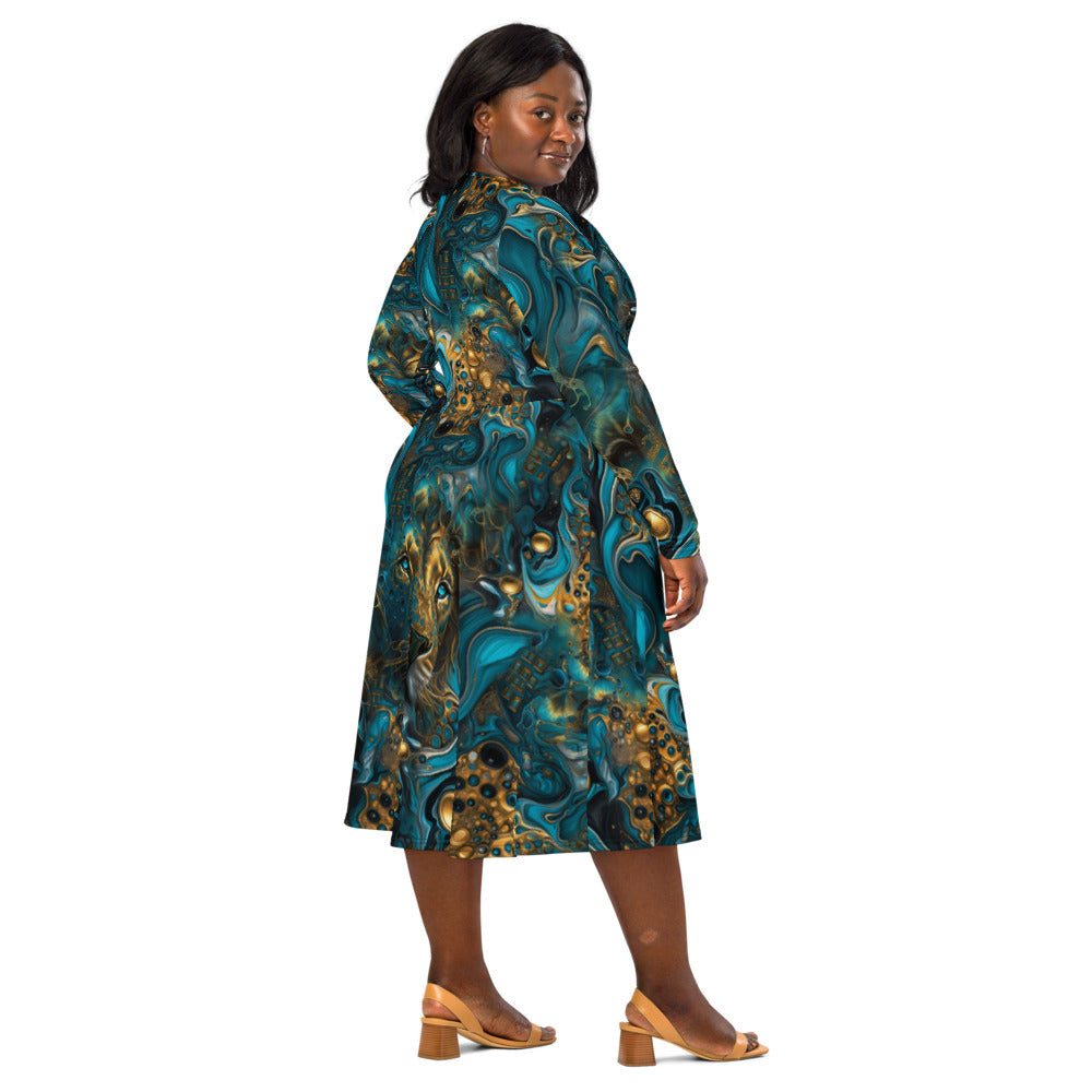All-over print long sleeve midi dress 368Bkl1