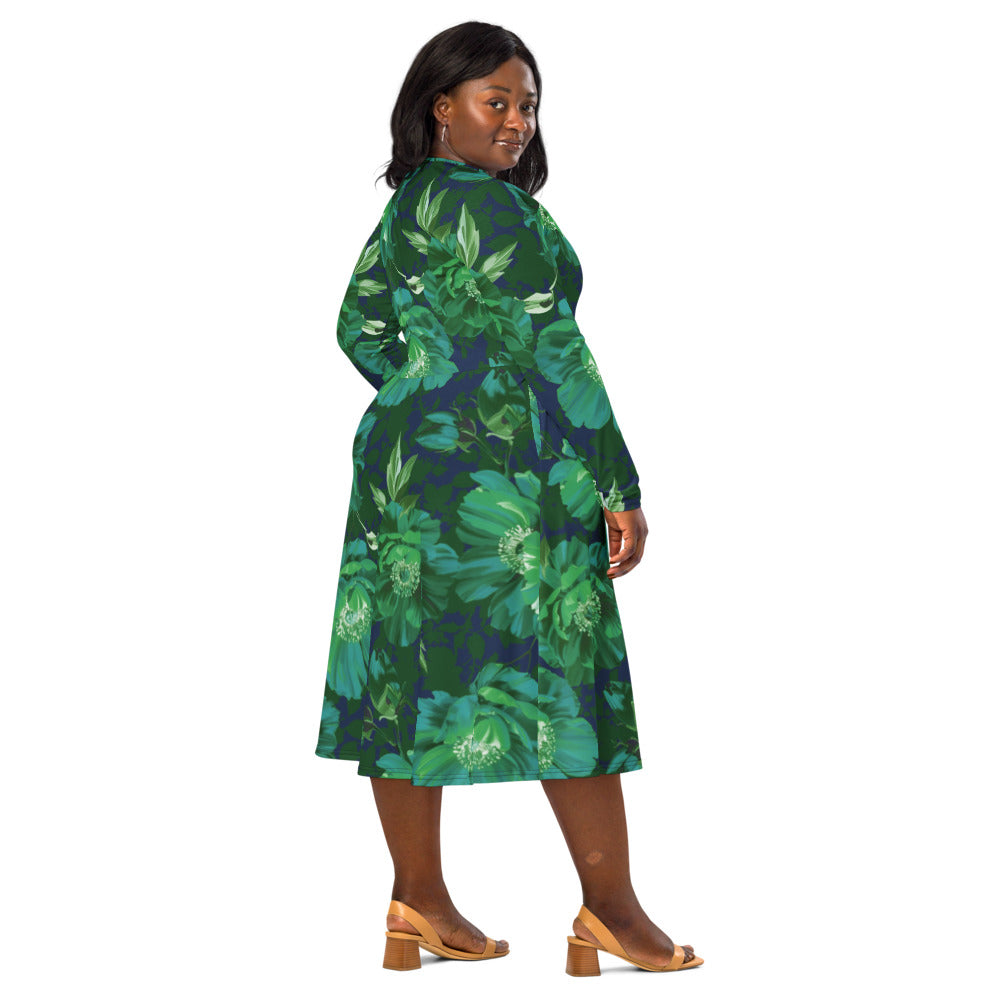 All-over print long sleeve midi dress 371Bkl3