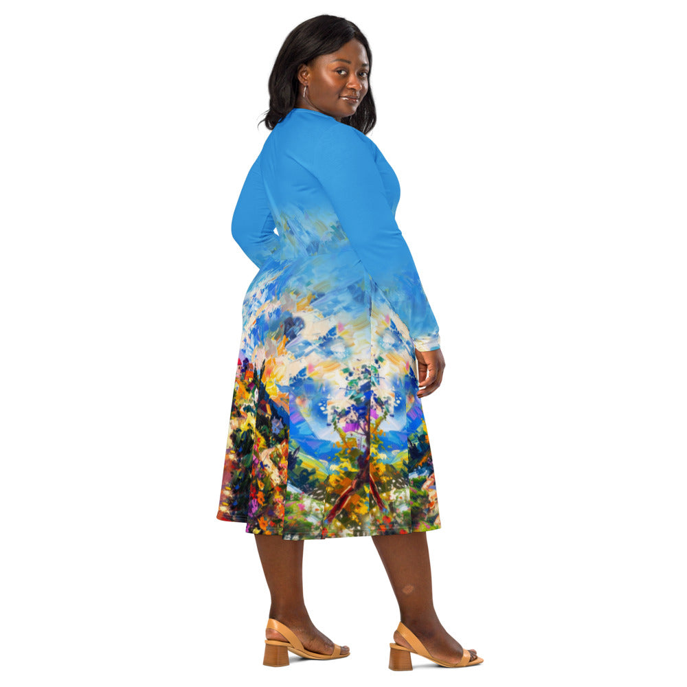 All-over print long sleeve midi dress 374Ckl1