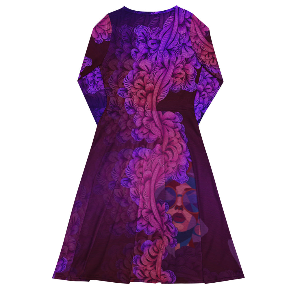 All-over print long sleeve midi dress Kn120Bkl1