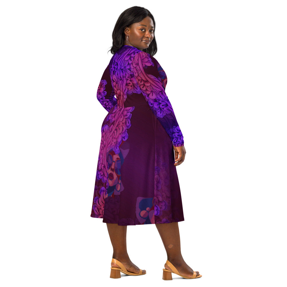All-over print long sleeve midi dress Kn120Bkl1