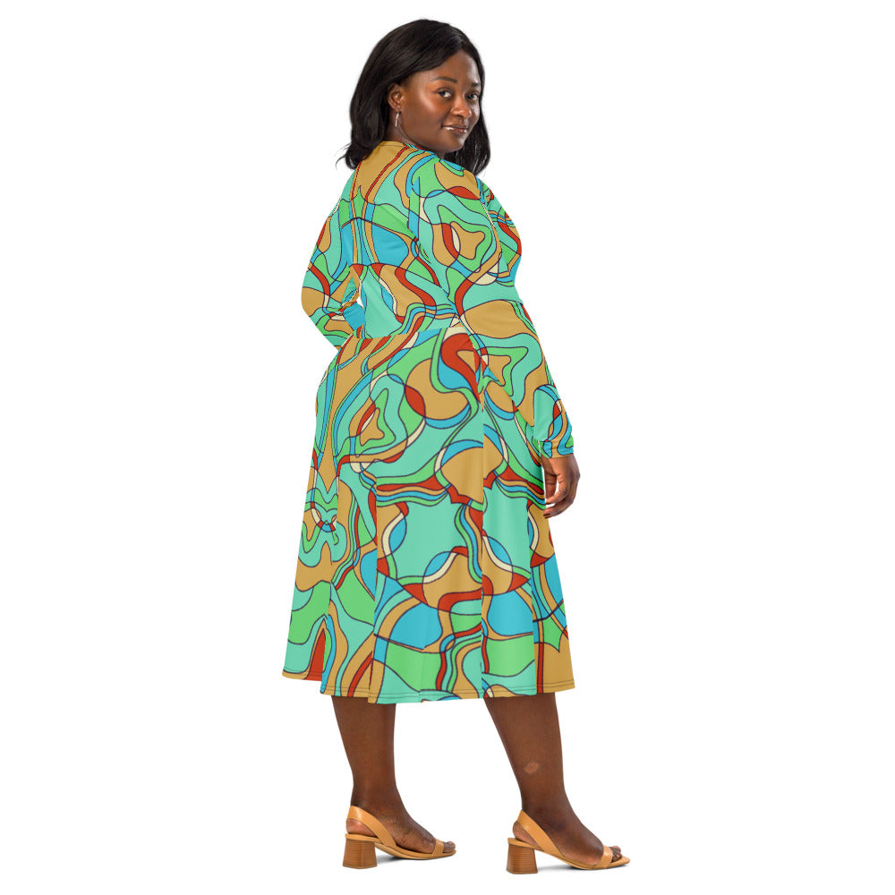 All-over print long sleeve midi dress 379kl2