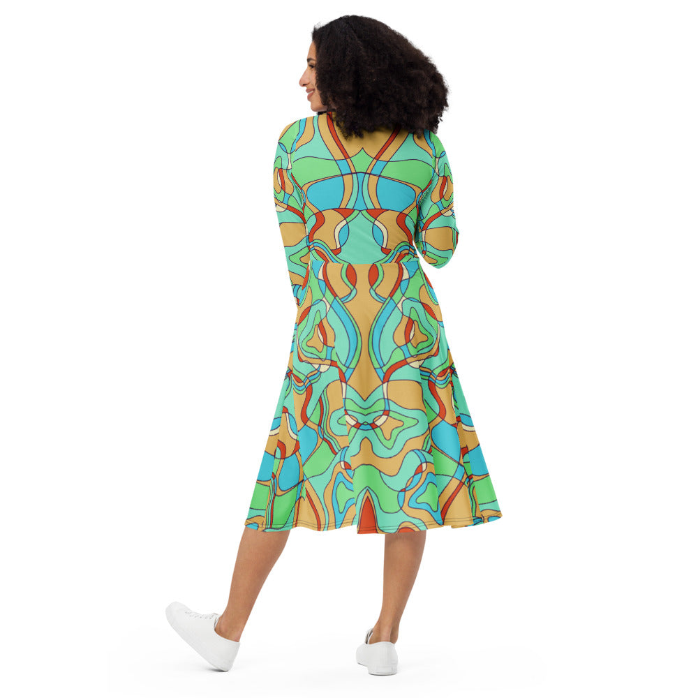 All-over print long sleeve midi dress 379kl2