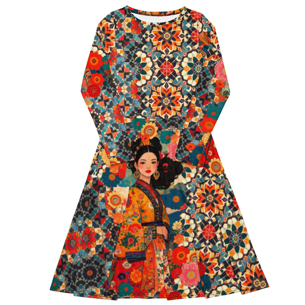 All-over print long sleeve midi dress 229