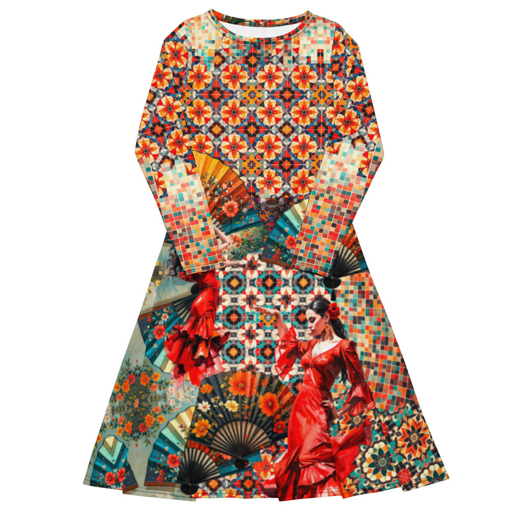 All-over print long sleeve midi dress 204A