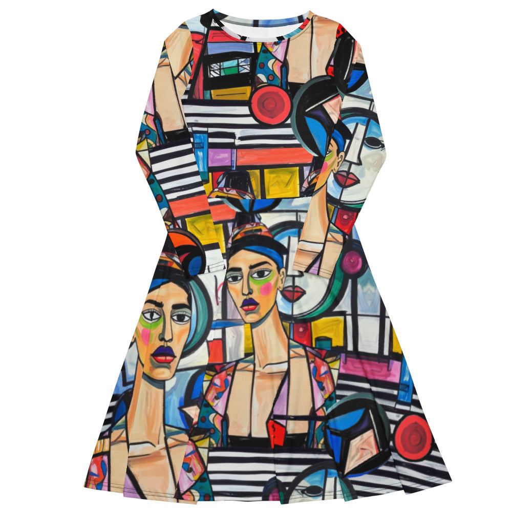 All-over print long sleeve midi dress 207B