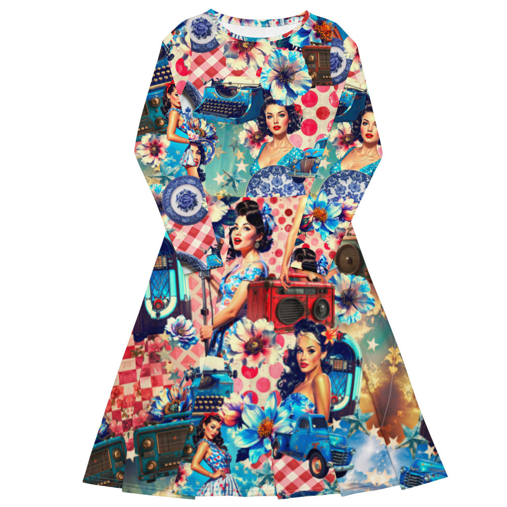 All-over print long sleeve midi dress 221