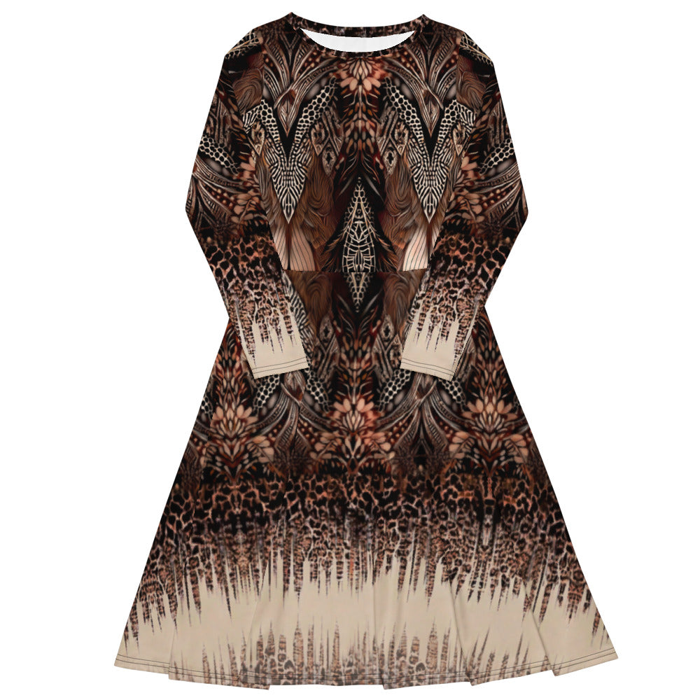 All-over print long sleeve midi dress 166A