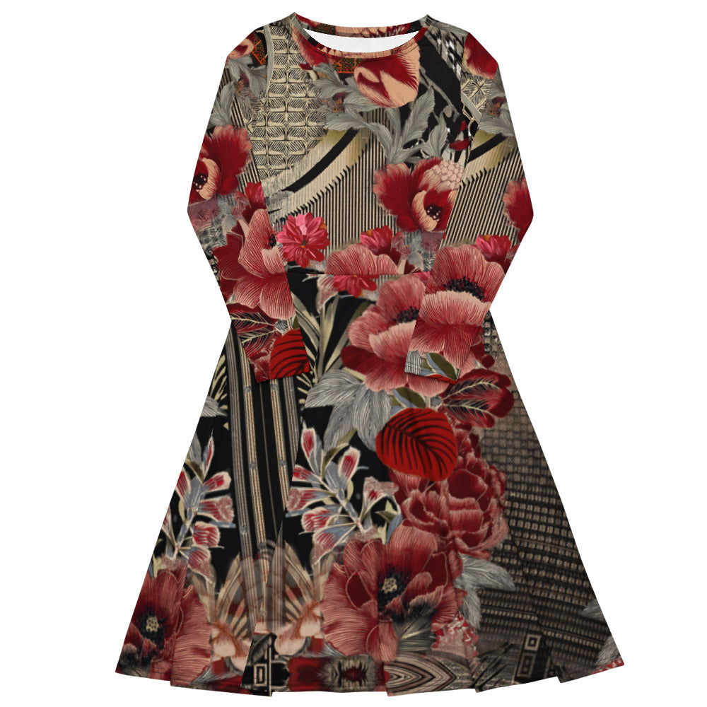 All-over print long sleeve midi dress 216