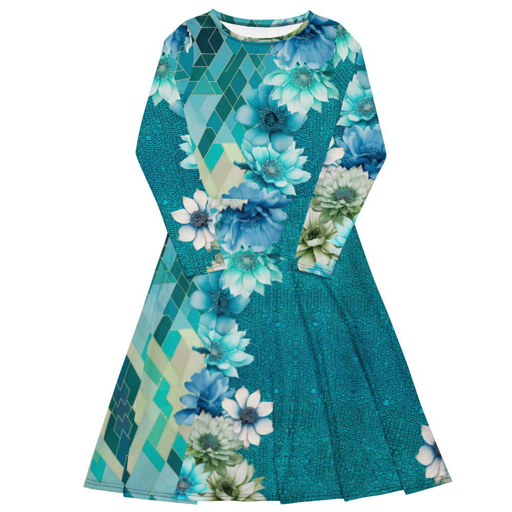 All-over print long sleeve midi dress 159B2