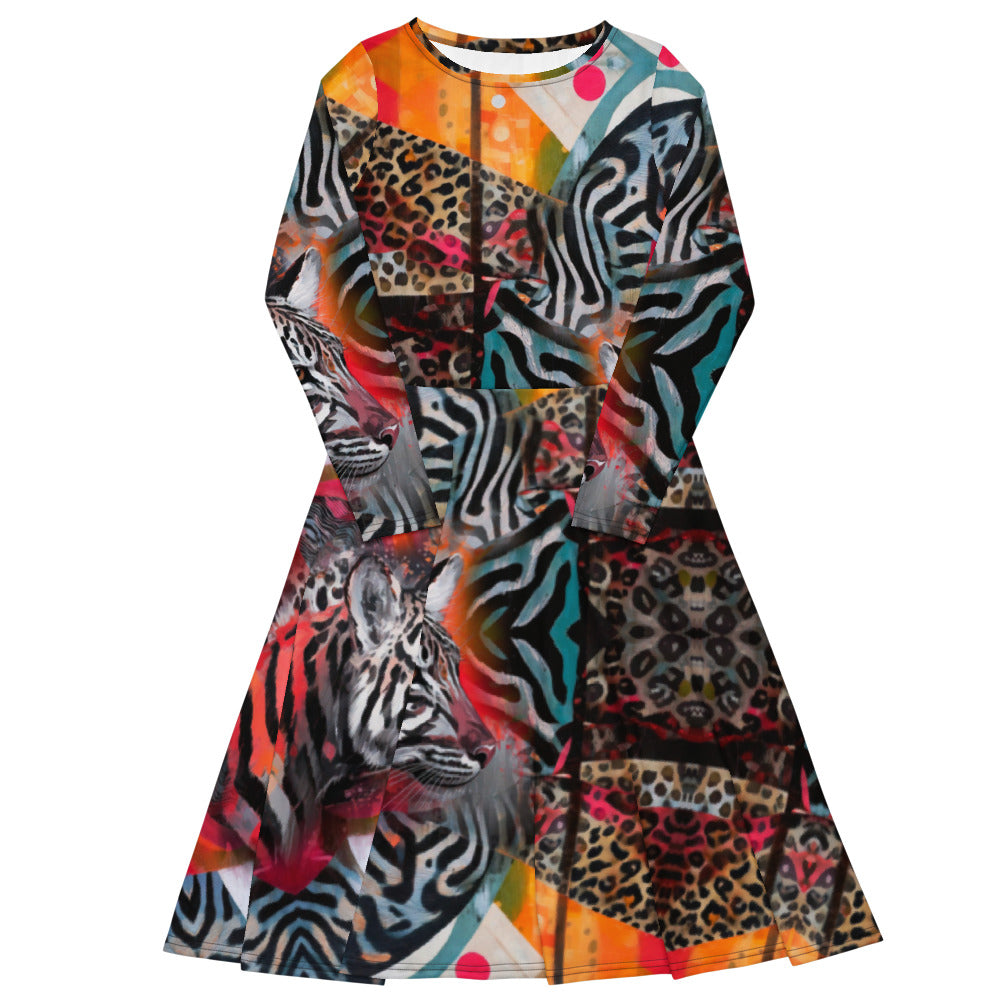 All-over print long sleeve midi dress 5B2