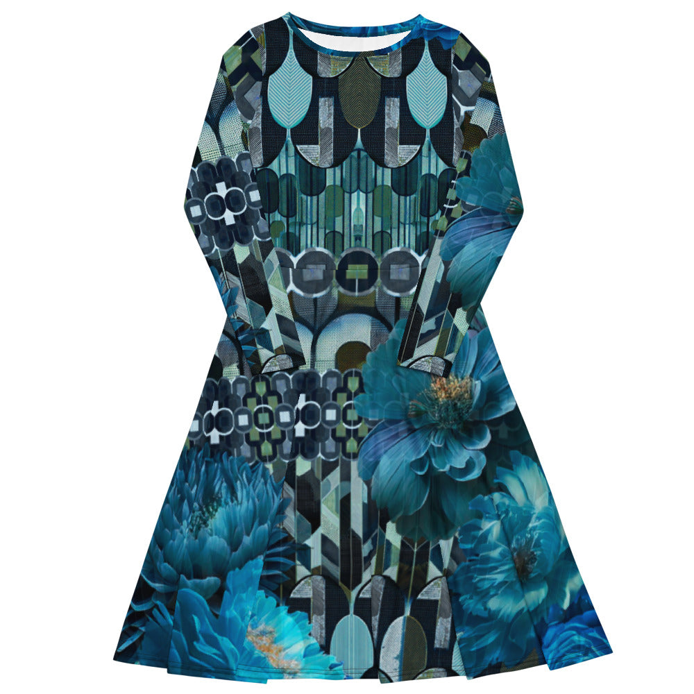 All-over print long sleeve midi dress 158Bd