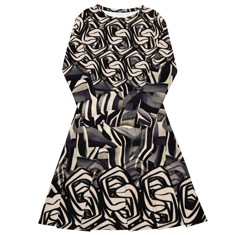 All-over print long sleeve midi dress 115B2