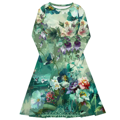 All-over print long sleeve midi dress 128B