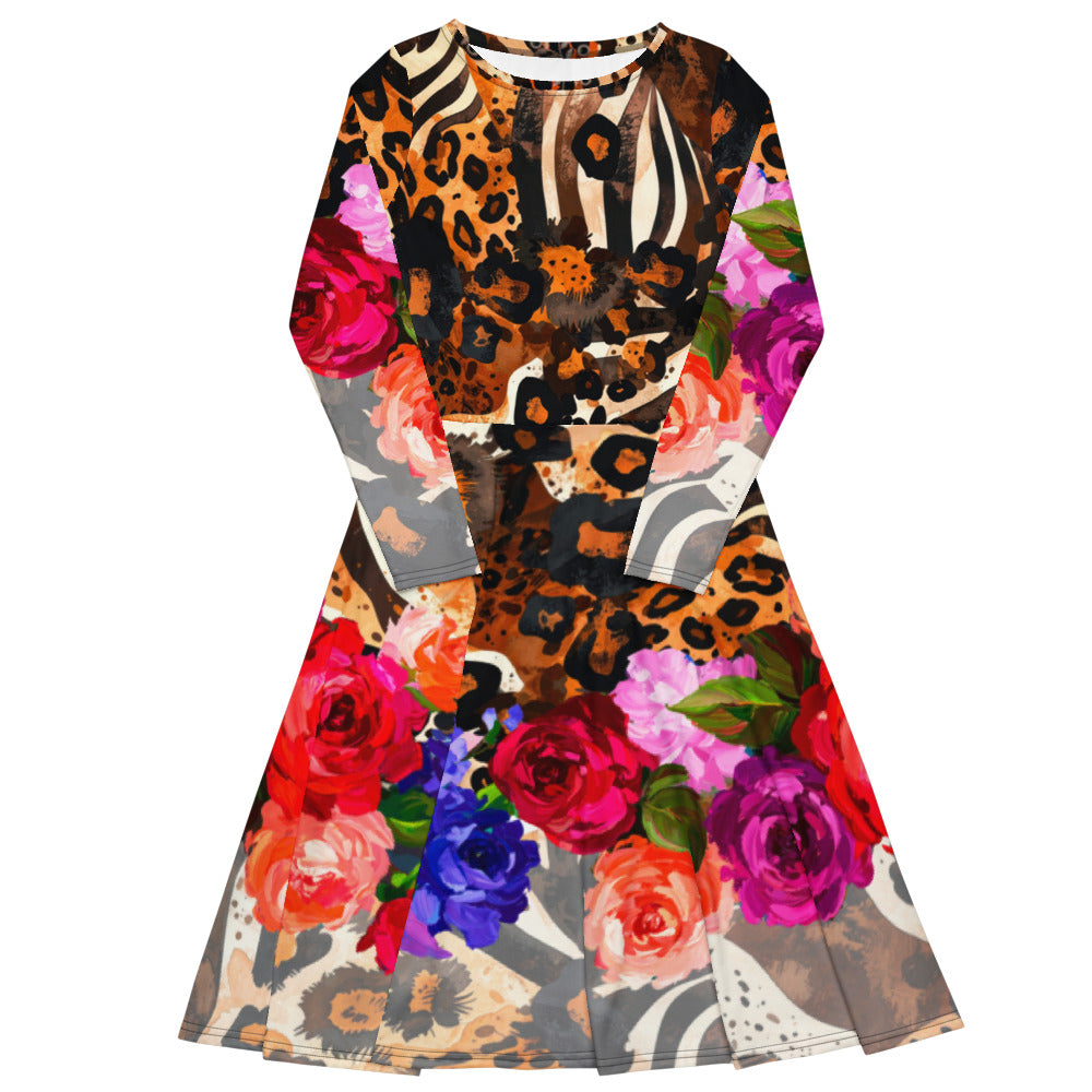 All-over print long sleeve midi dress 235B2b