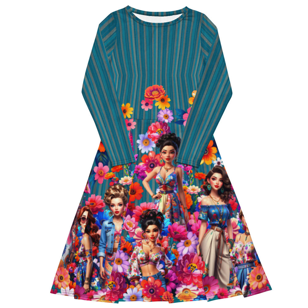 All-over print long sleeve midi dress 243C2b