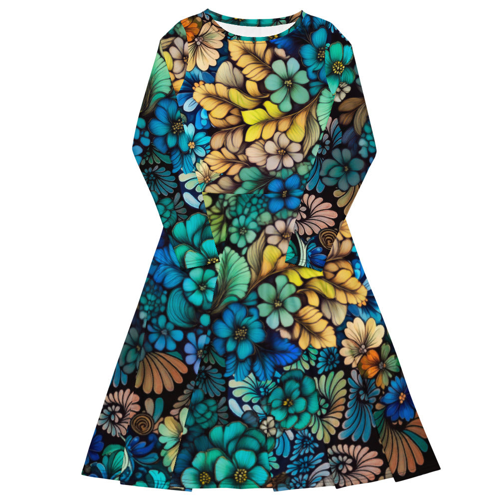 All-over print long sleeve midi dress 252B